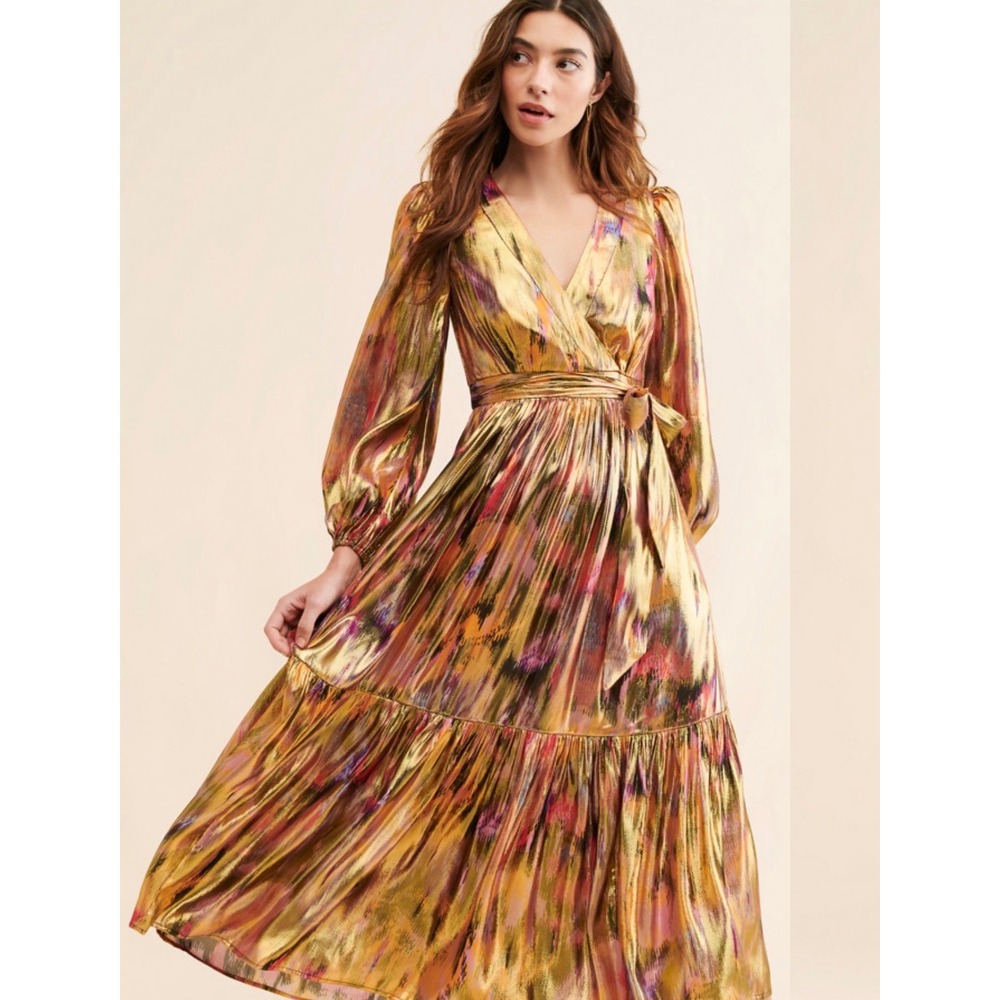 Anthropologie Metallic Gold Ikat Midi Dress LP Petite Long Sleeve Wrap Tiered